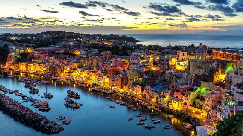 Colorful Coastal Town — Blue, Serene, Sunset, Photograph, Harbor
