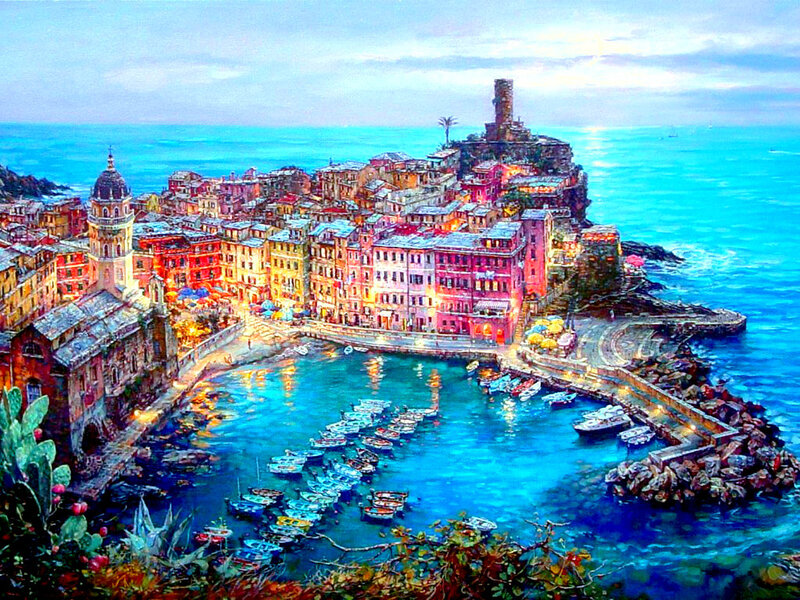 Colorful Coastal Town — Blue, Serene, Sunset