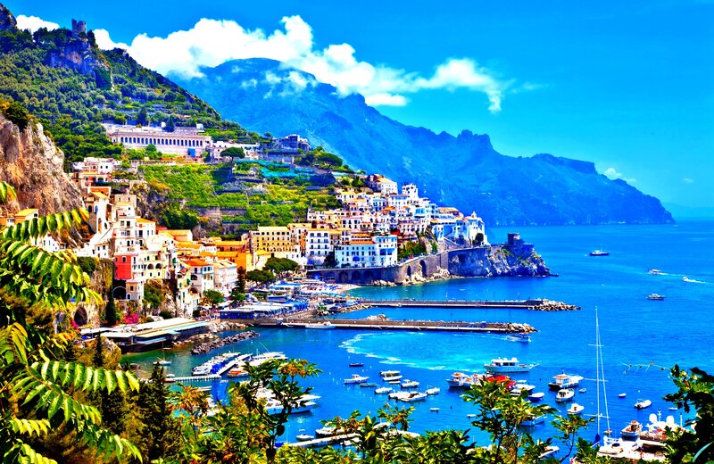Colorful Coastal Town — Blue, Vibrant, Afternoon, Photograph