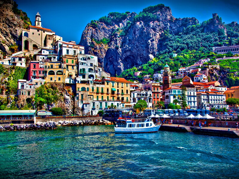 Colorful Coastal Town — Blue, Vibrant, Afternoon