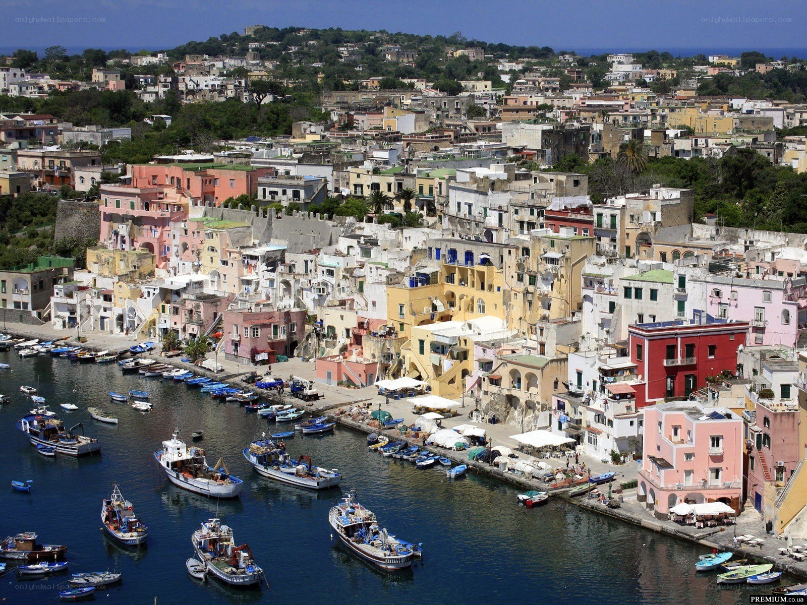Colorful coastal town harbor