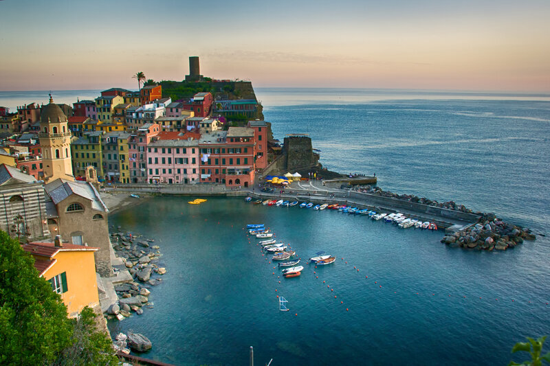 Colorful coastal village at sunset