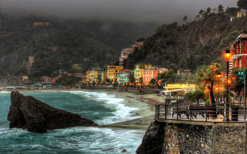 Colorful Coastal Village — Blue, Dramatic, Night