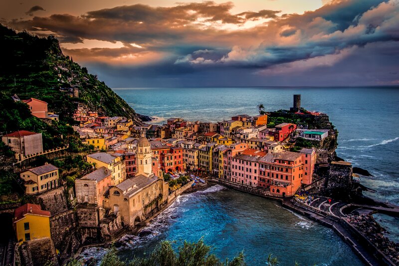 Colorful Coastal Village — Blue, Dramatic, Sunset, Photograph, Sea