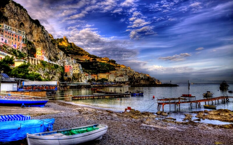 Colorful Coastal Village — Blue, Dramatic, Sunset, Photograph