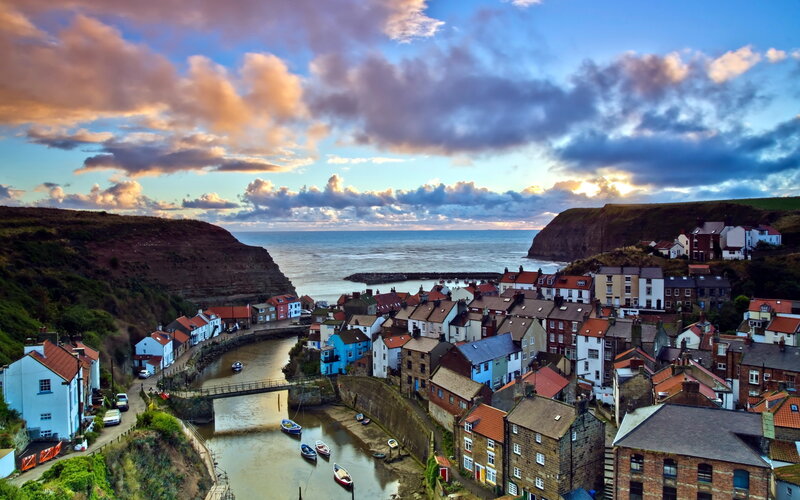 Colorful Coastal Village — Blue, Dramatic, Sunset