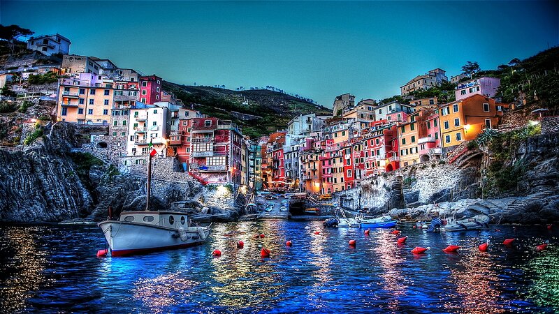 Colorful Coastal Village — Blue, Dramatic