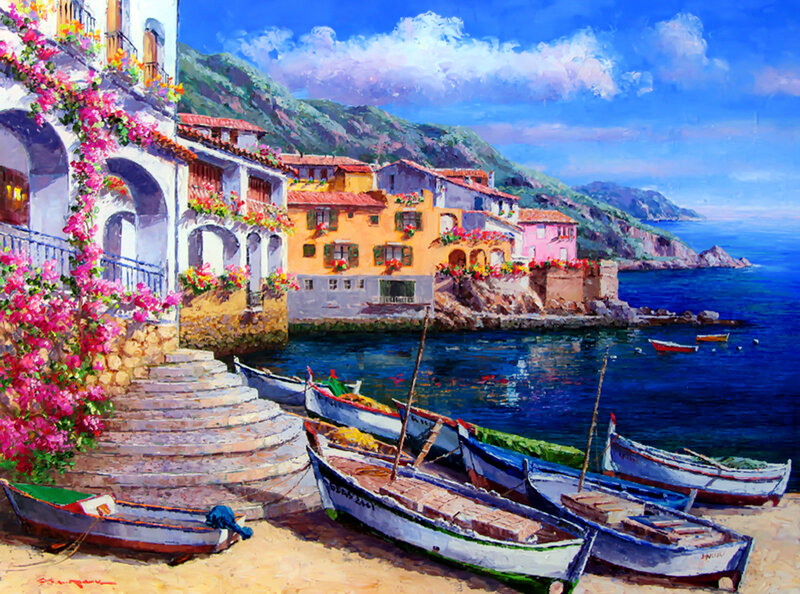 Colorful Coastal Village — Blue, Serene, Afternoon, Painting, Boats, Flowers, Mountains