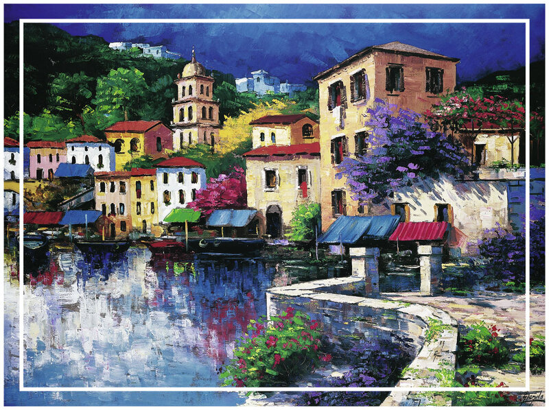 Colorful Coastal Village — Blue, Serene, Afternoon, Painting