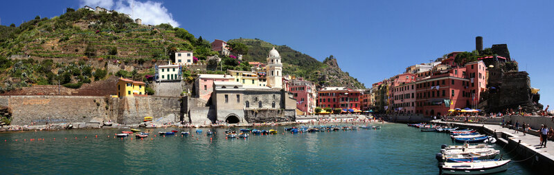 Colorful Coastal Village — Blue, Serene, Afternoon, Photograph, Boats, Hills, Church