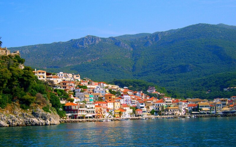 Colorful Coastal Village — Blue, Serene, Afternoon, Photograph, Mountains