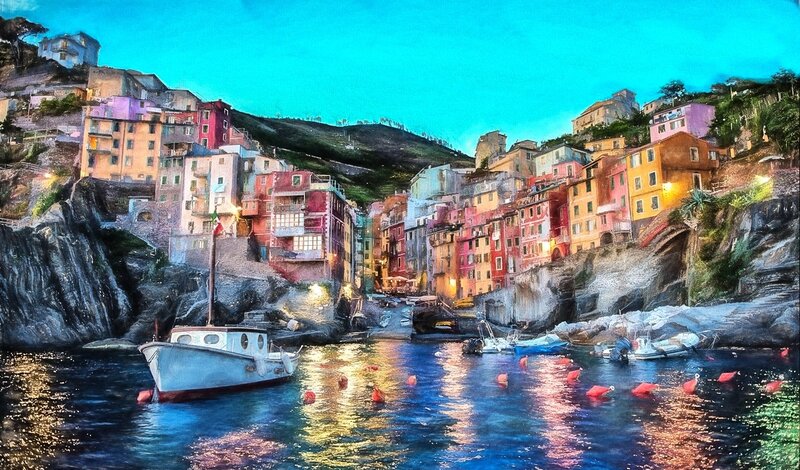Colorful Coastal Village — Blue, Serene, Night, Painting