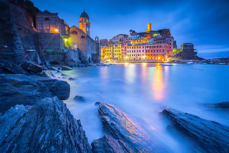 Colorful Coastal Village — Blue, Serene, Night, Photograph