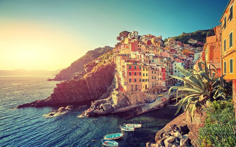 Colorful Coastal Village — Blue, Serene, Sunset, Photograph, Cliff