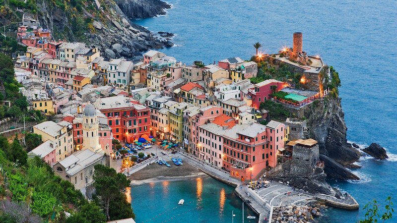 Colorful Coastal Village — Blue, Serene, Sunset, Photograph