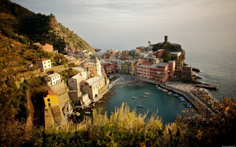 Colorful Coastal Village — Blue, Serene