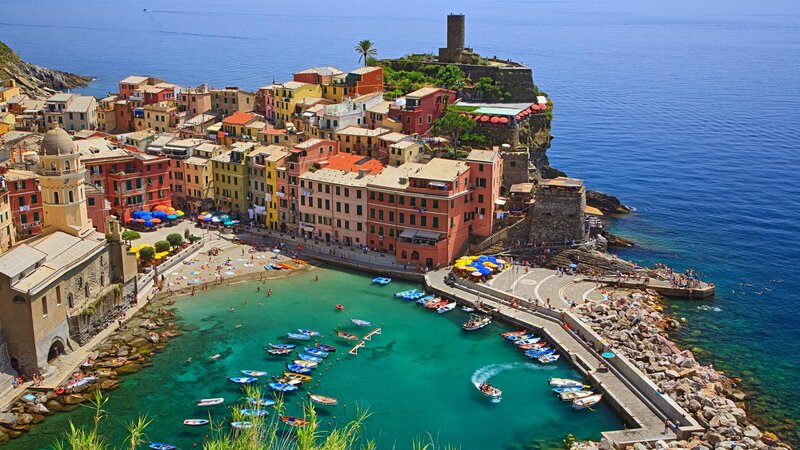 Colorful coastal village by the sea