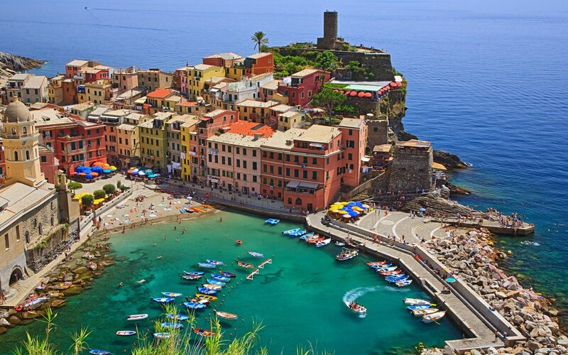 Colorful coastal village by the sea
