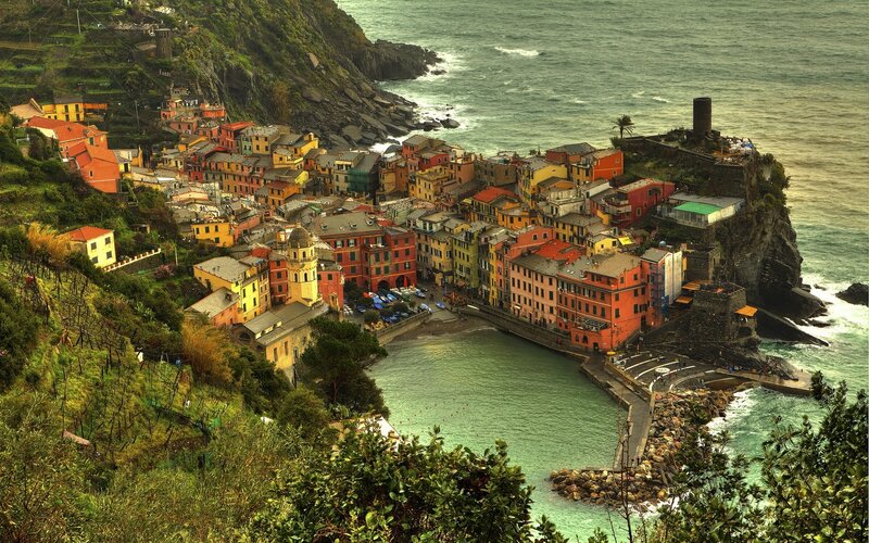 Colorful Coastal Village — Orange, Dramatic, Afternoon