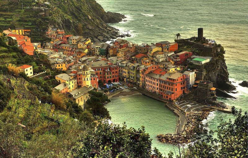 Colorful Coastal Village — Orange, Dramatic