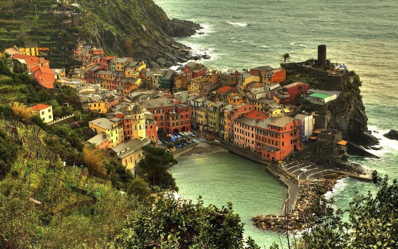 Colorful Coastal Village — Orange, Serene, Afternoon