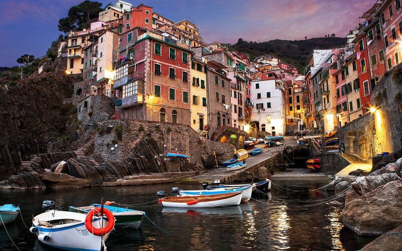 Colorful Coastal Village — Red, Serene, Sunset