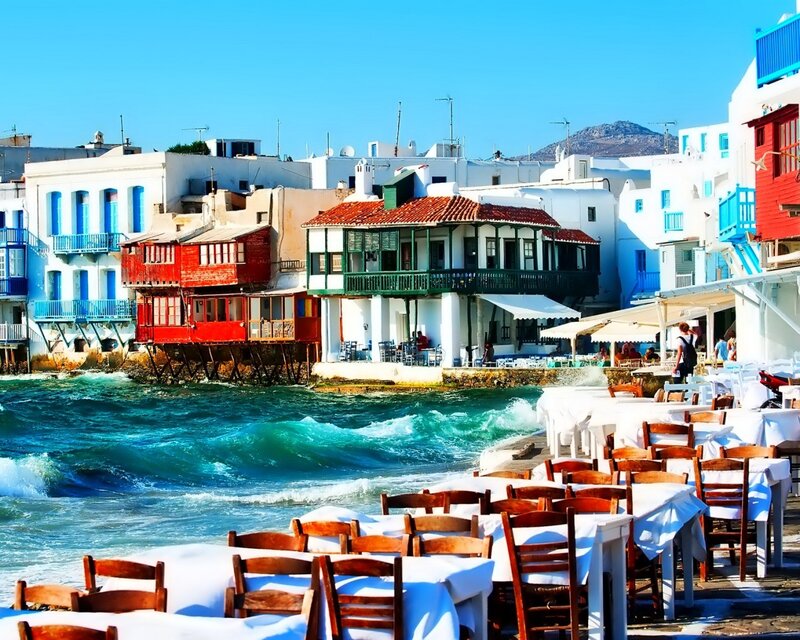 Colorful coastal village scene