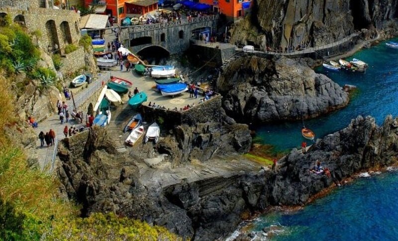 Colorful coastal village scene