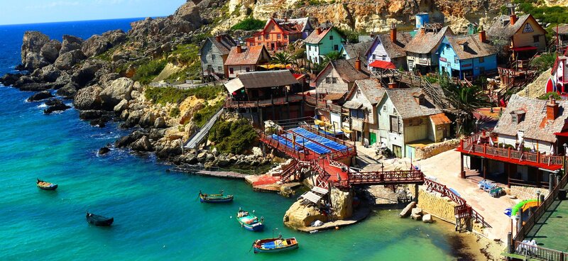 Colorful coastal village scene