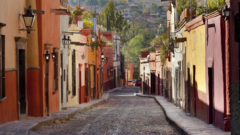 Colorful cobblestone street in Mexico