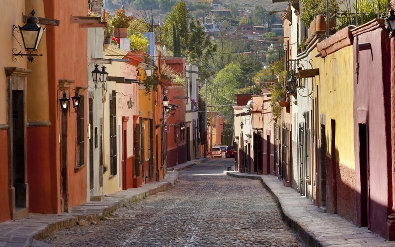 Colorful cobblestone street in Mexico
