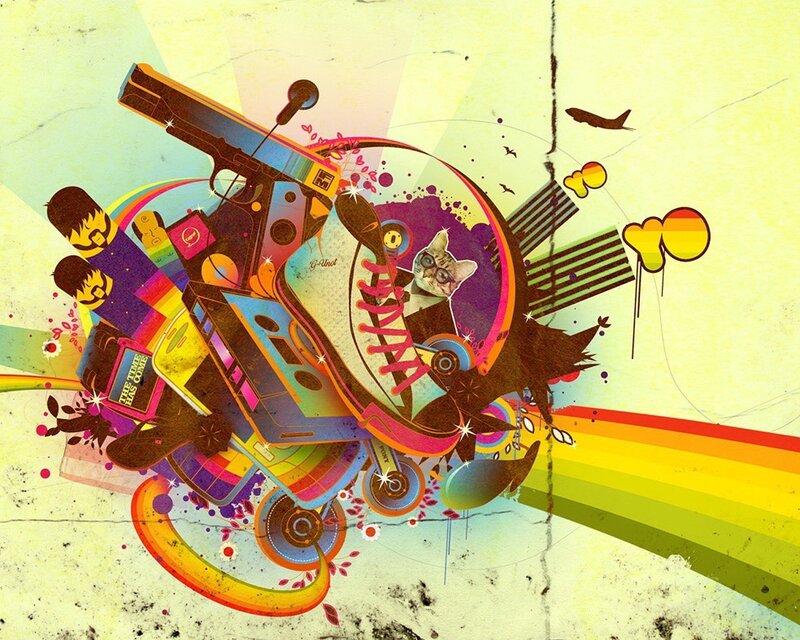 colorful collage with gun and cat
