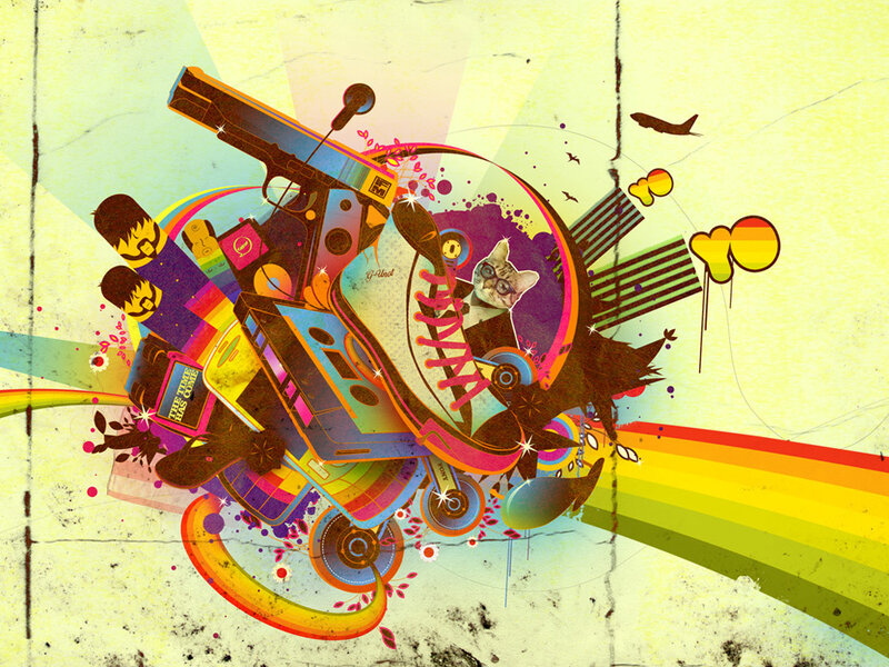 colorful collage with gun and sneakers