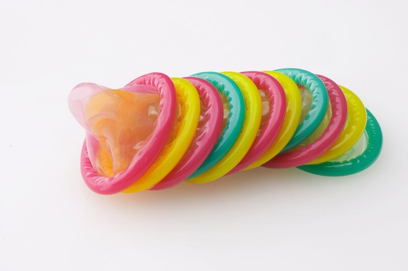 Colorful condoms in a row