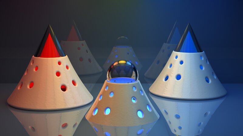 Colorful cone sculptures with spheres