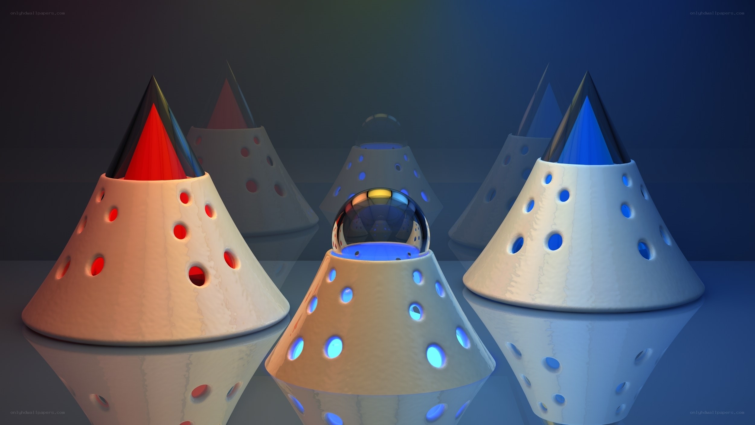 Colorful cone sculptures with spheres