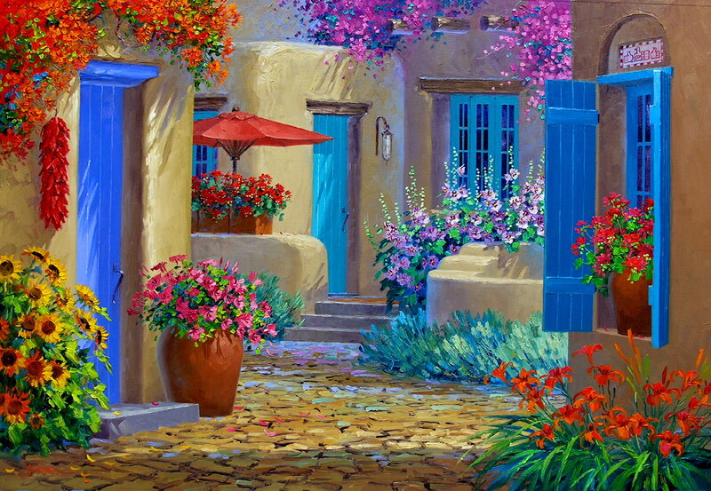 Colorful Courtyard with Flowers — Blue