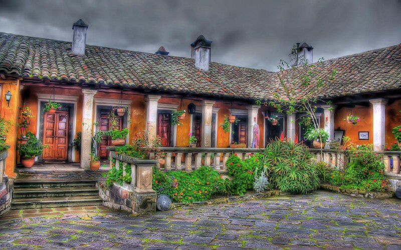 Colorful courtyard with tiled roof