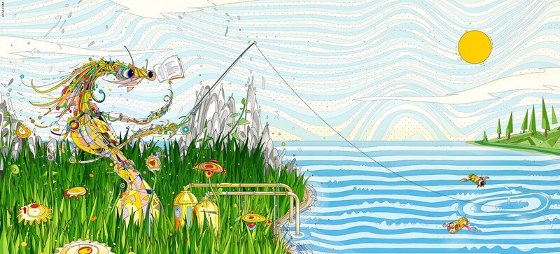 Colorful creature fishing by the lake