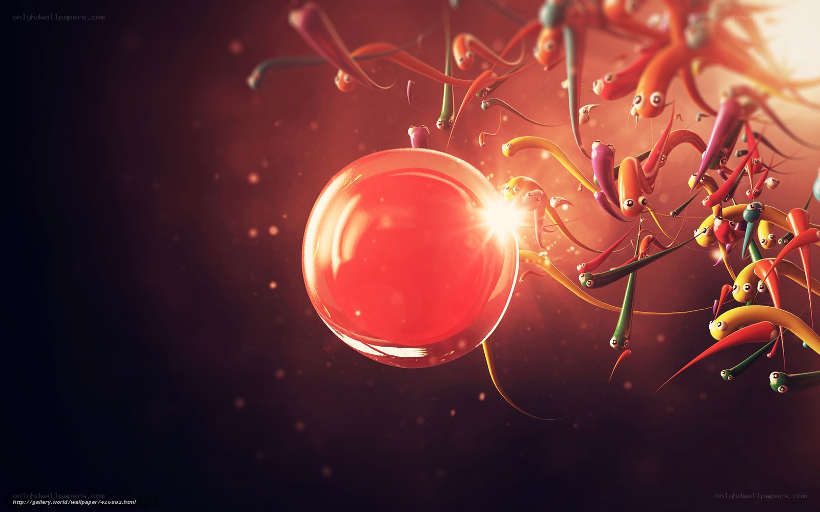 Colorful creatures swarm a glowing orb