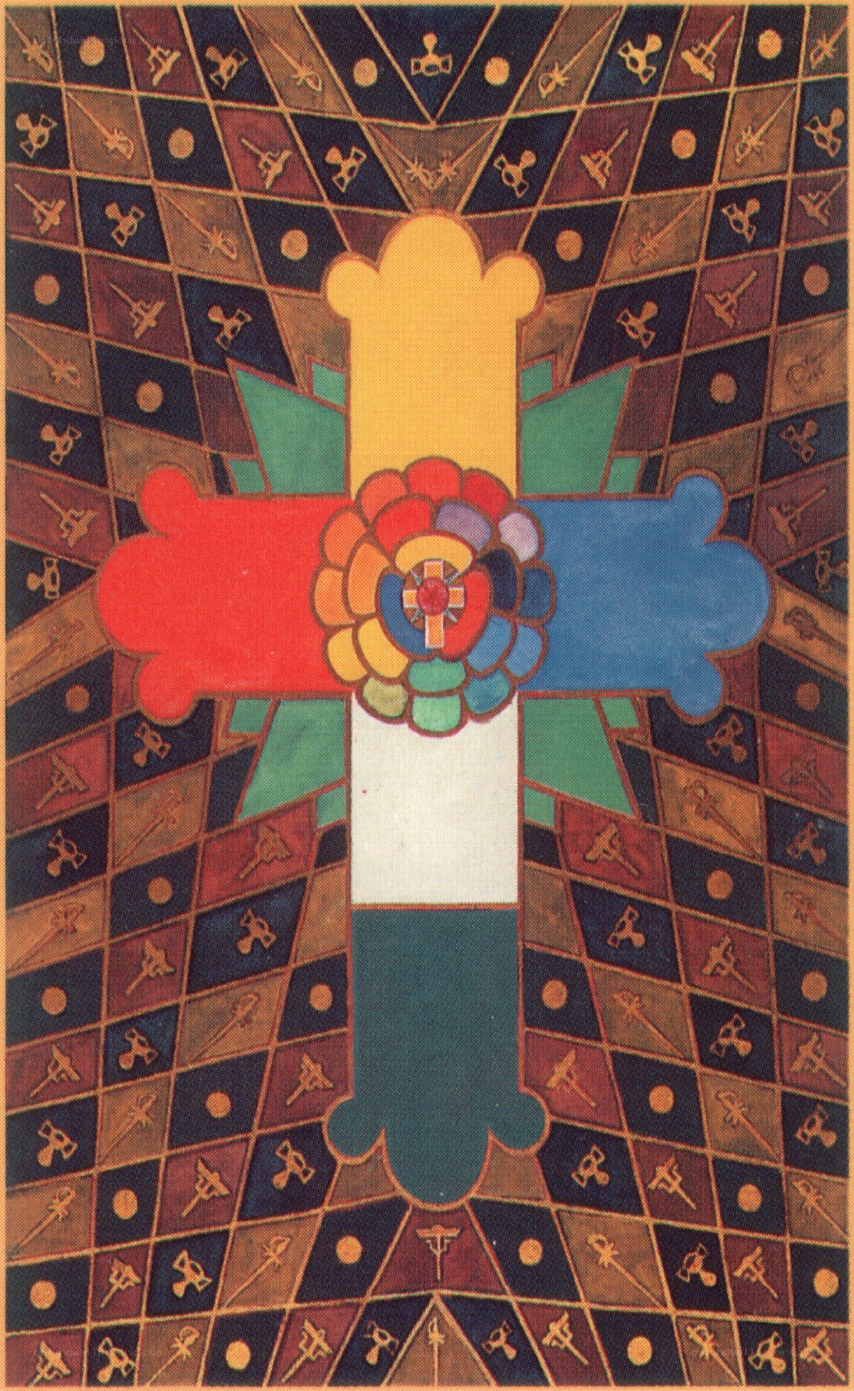 Colorful cross with patterned background