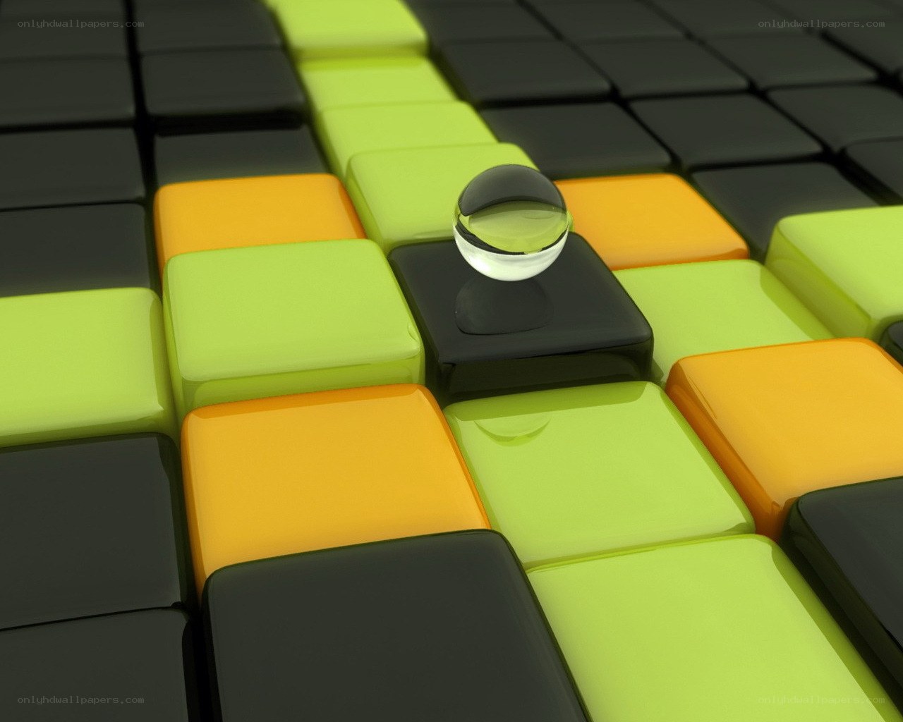 Colorful cube grid with glass sphere