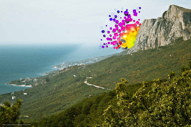 Colorful cubes over coastal mountains