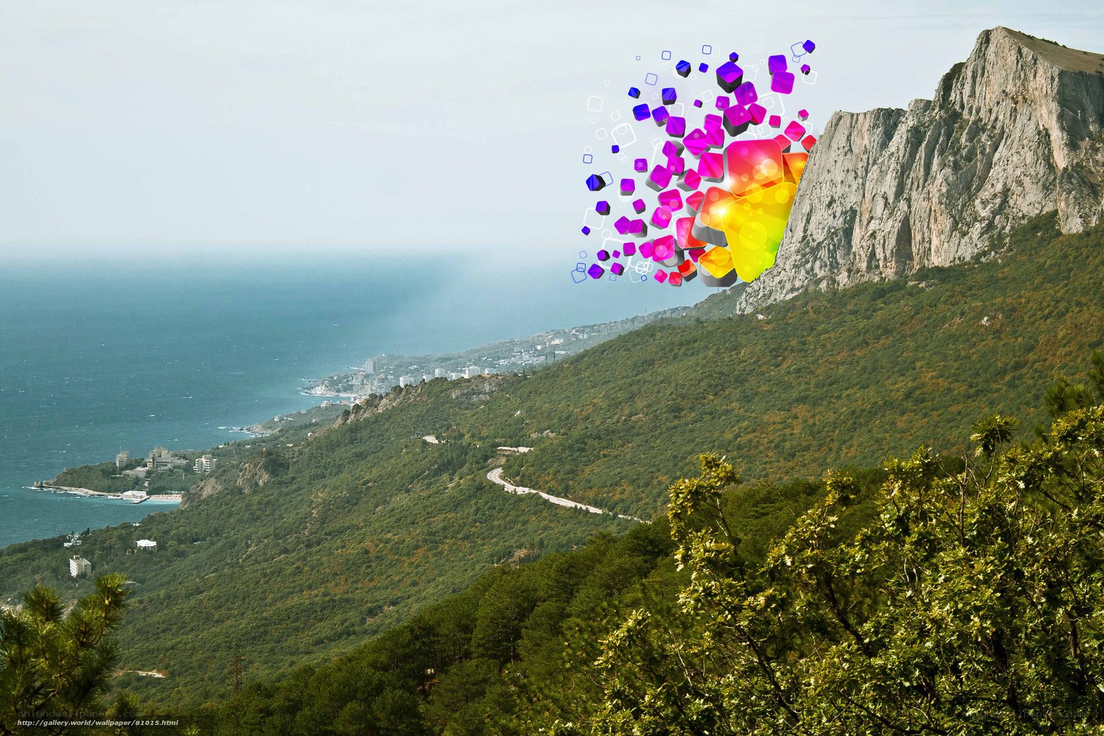 Colorful cubes over coastal mountains