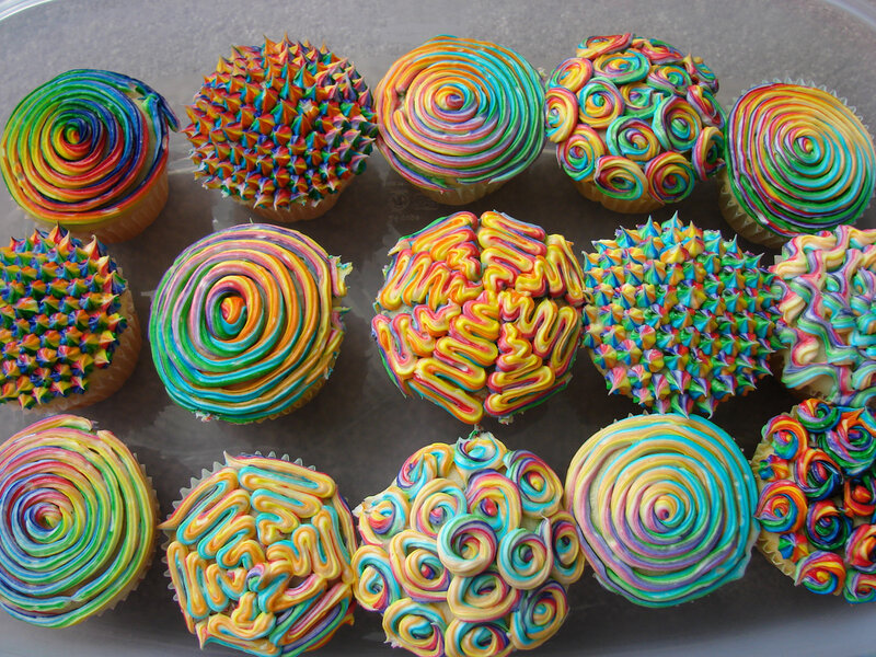colorful cupcakes with rainbow frosting