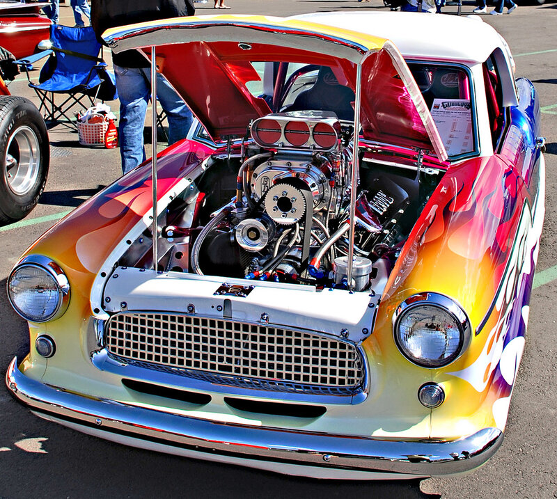 colorful custom car with engine