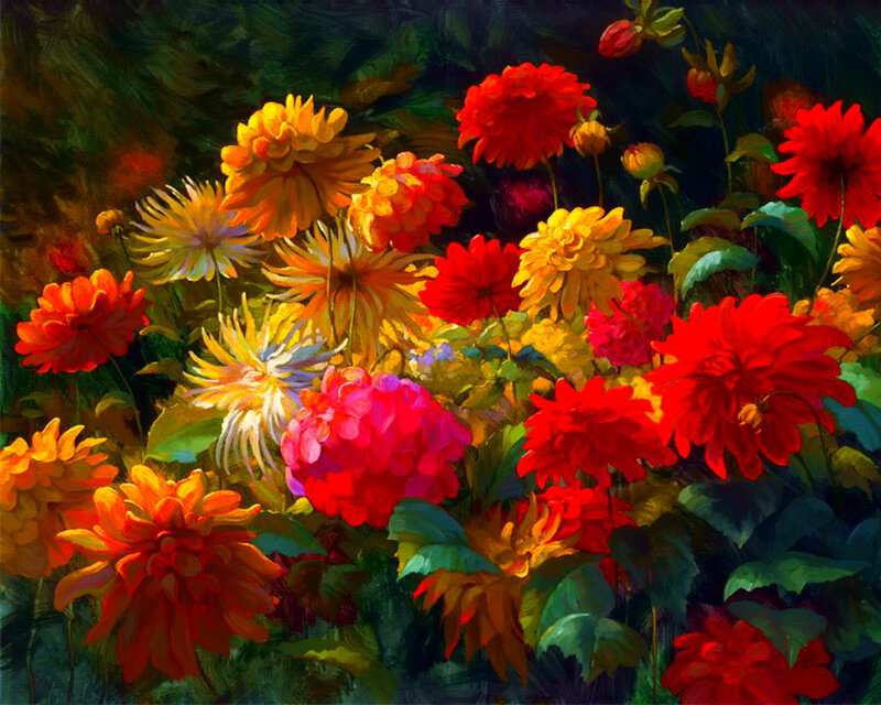 Colorful Dahlia Flowers — Red, Vibrant, Painting