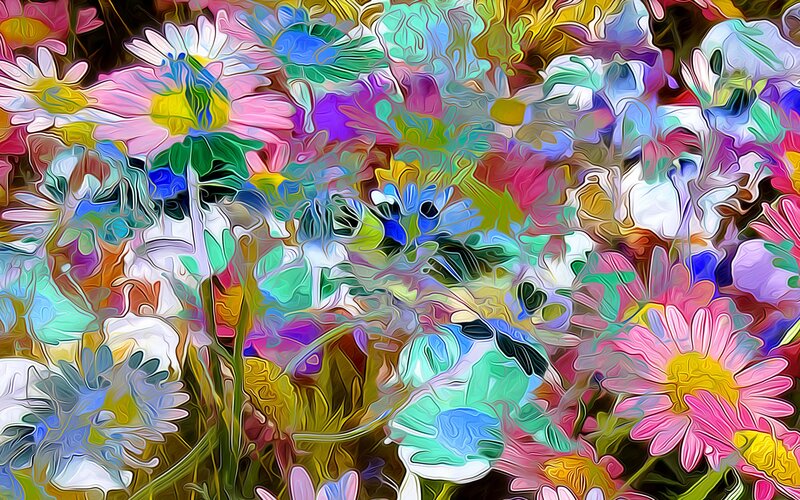 Colorful Daisy Flowers — Pink, Vibrant, Digital Art, Leaves