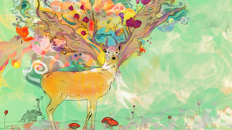colorful deer with floral antlers