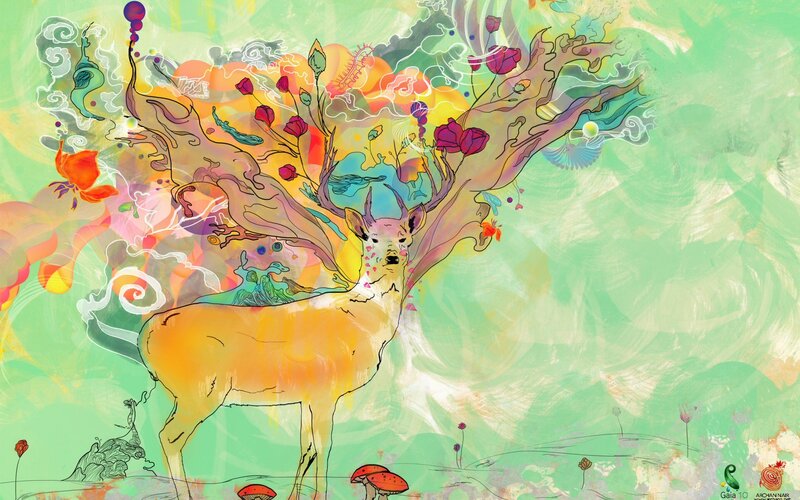 colorful deer with floral antlers